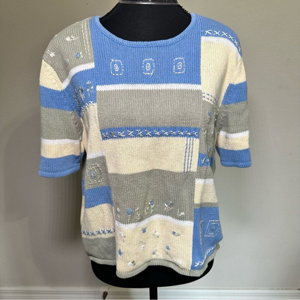 Vintage Koret Blue and Cream Knit Patchwork Top
